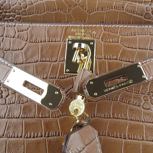 7A Replica Hermes Kelly 32cm Crocodile Veins Leather Bag Light Coffee 6108